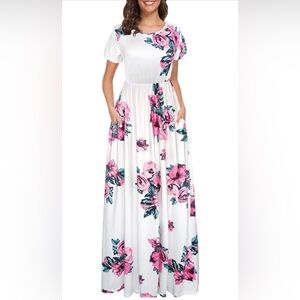 Afibi Women Short Sleeve Loose Floral Printed Casual Maxi Dress with Pockets